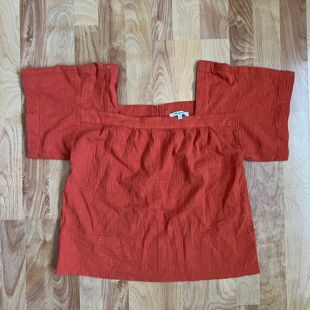 EUC Madewell Rust Square Neck Cotton Blouse Windowpane Textured sz Small